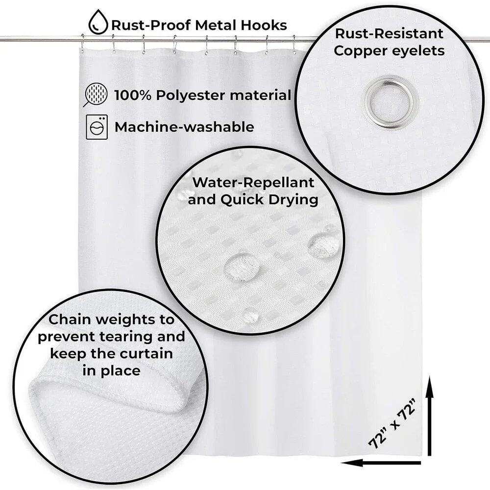 Modern Fabric Shower Curtain w/Rust-Proof Curtain Hooks, Heavy-Duty, 72x72 WHITE